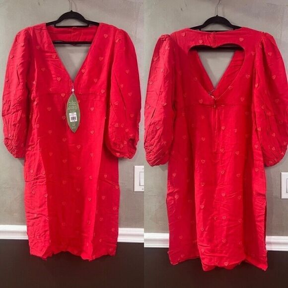 Farm Rio Red Heart Back Detailed Midi Dress 3D Hearts Heart Cut-Out L Large - Picture 9 of 9